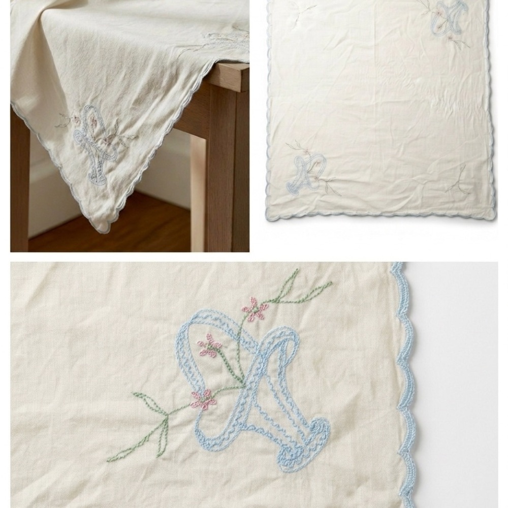 Vintage Hand Embroidered Tablecloth Runner Linens Square Grey Off White Blue